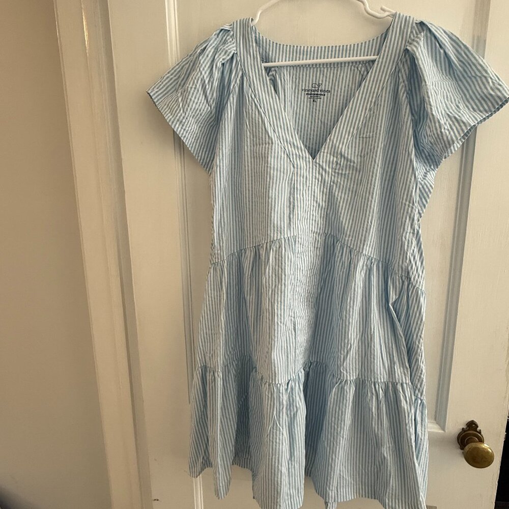Vineyard Vines Light Blue and White Striped Tiered V-Neck Dress